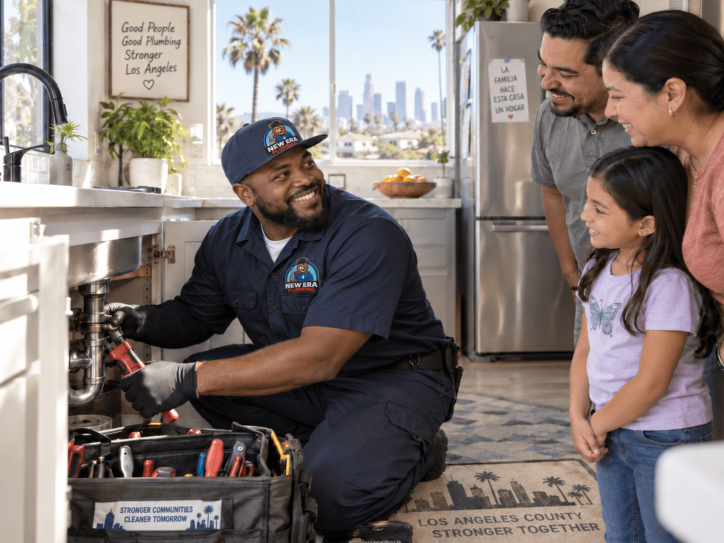 Licensed New Era Plumbing technician repairing a kitchen sink for a family in Los Angeles